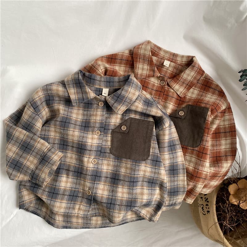 GL-kids Autumn New Arrival: Retro Color-Blocked Pocket Plaid Shirt for Boys and Girls, Korean Style Loose Cardigan