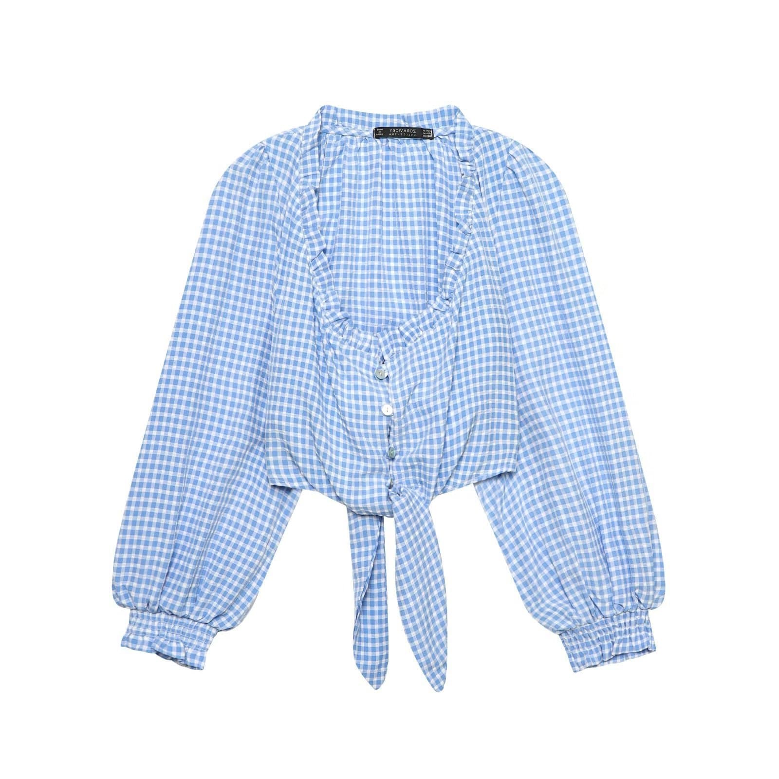 TAOP&ZA Early Spring New Women's Casual Fashion Blue Plaid Short Shirt Top 4387057
