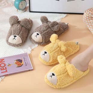 Autumn Winter Cotton Slippers Women Men Kids Couple Cute Home Parent-Child Cotton Slippers Warm Fleece Slippers Bear