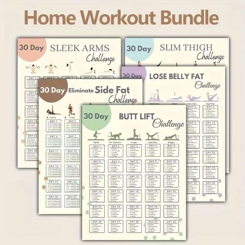 10-Piece 30-Day Home Exercise Challenge Yoga Poster Set, Wall Exercise Challenge Plan, Check-in Record