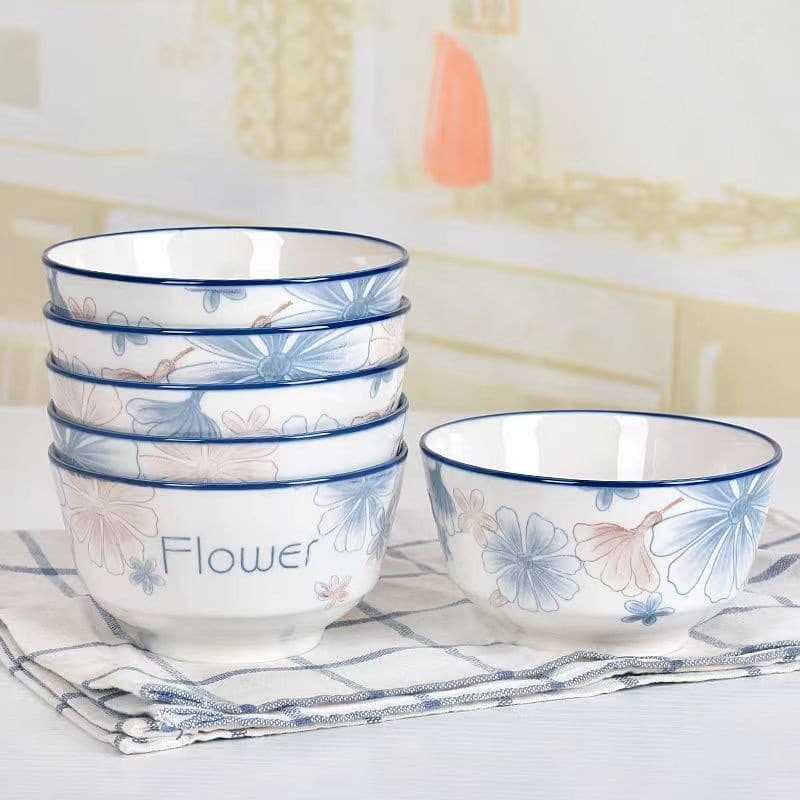 High Aesthetic Bowl Plate Combination Factory Wholesale Blue Brown Large Flower Series Heat-resistant Ceramic Bowl Restaurant Household Tableware
