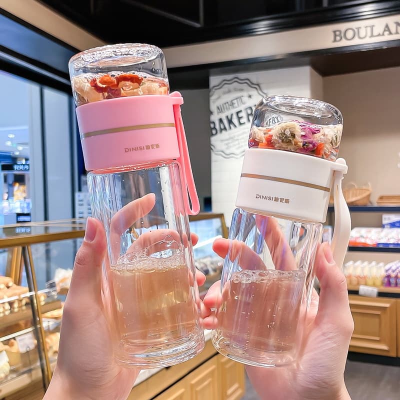 Double-Layer Insulated Glass Cup for Women, Premium Glass Water Cup, Female Style Tea Cup with Tea-Water Separation