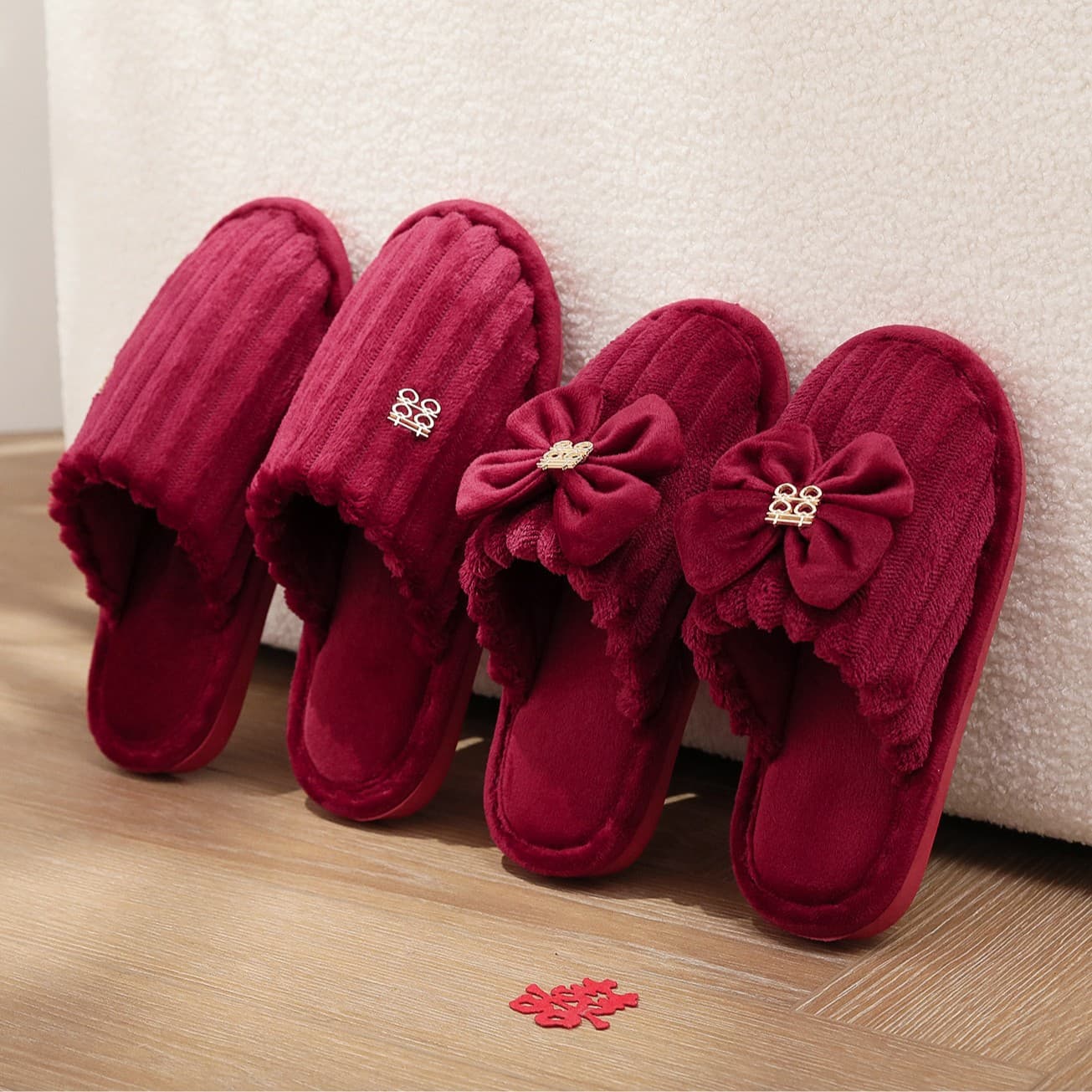 Autumn and Winter Wedding Slippers Festive Red Pair of Newlyweds Dowry Accessible Luxury High-Bottom Thick-Soled Wool Filament Velvet Slippers