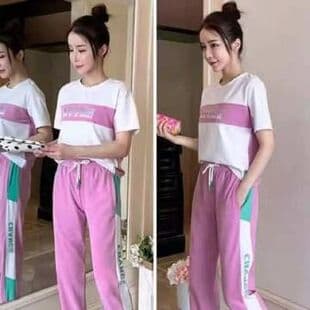 Summer Trendy Hip-Hop Student Short-Sleeve T-Shirt, Casual Sportswear Set, Loose Color-Block Pants Two-Piece for Women