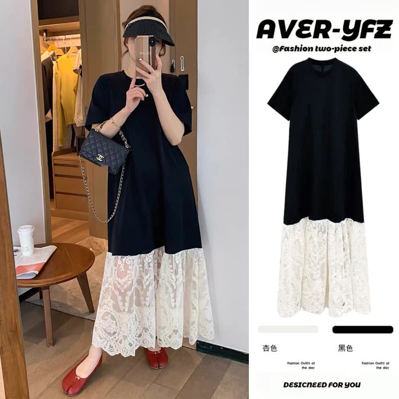 New Arrival # Maternity Dress Summer 2026 New Fashion High-End Little Black Dress with Lace Splicing Long Dress for Summer