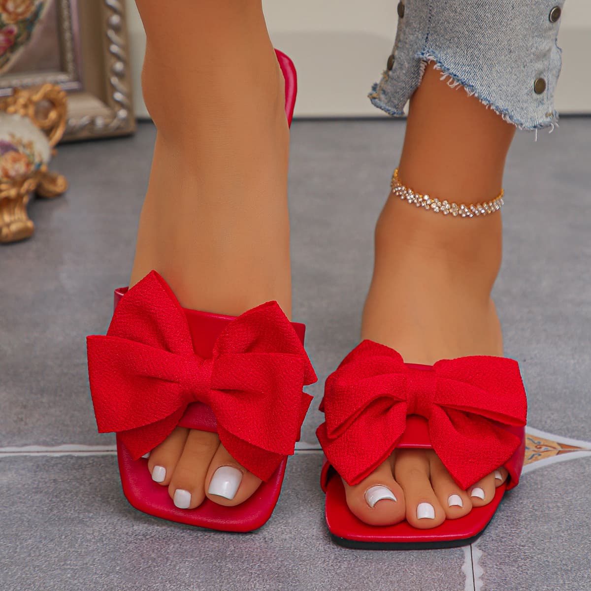 Cross-border large size bow slippers for women foreign trade summer new style flip flops square toe thick heel open toe sandals for outer wear