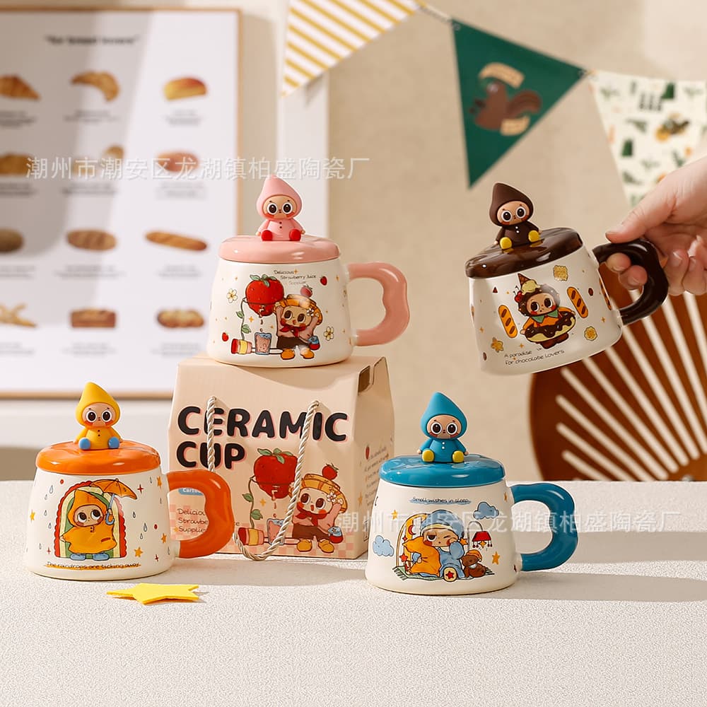 Cute Cartoon Gift Mug Couple Children's Birthday Gift Water Cup Girls Ceramic Cup Coffee Cup with Cover