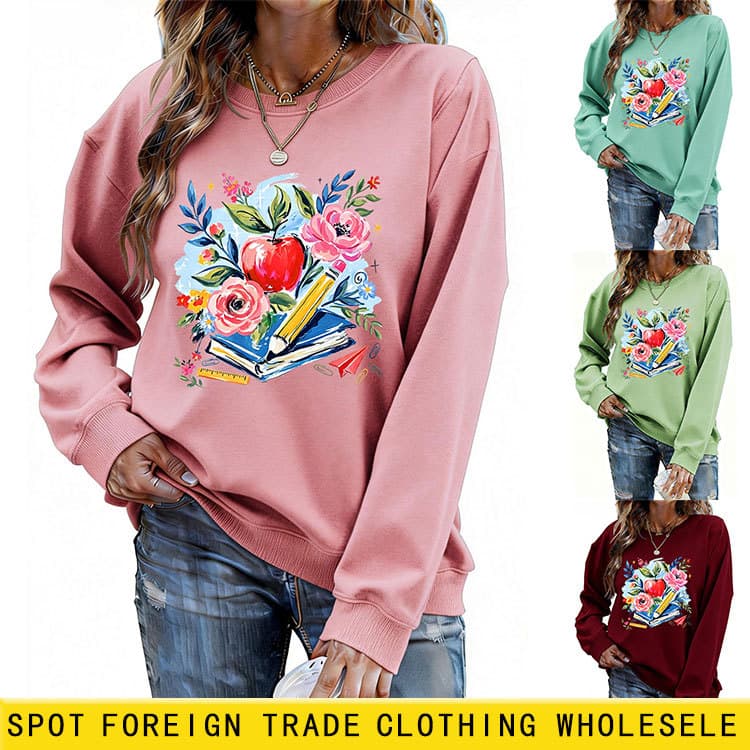 Amazon eBay Independent Station Casual Fashion Women's Apple Rose Pencil Book Temperament Round Neck Sweatshirt Foreign Trade