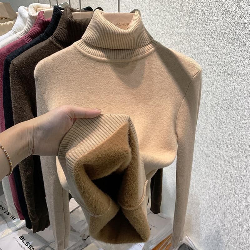 Women's High Neck Fleece-Lined Sweater, Thick Integrated Fleece, Loose Fit, 2025 Fall/Winter New Arrival, Warm Knit Base Layer