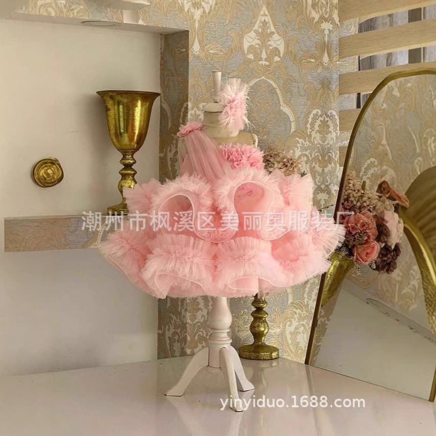 Children's Pink Dress Summer New Arrival Sweet Girl Princess Dress for Runway Performance Piano Recital Tutu Skirt