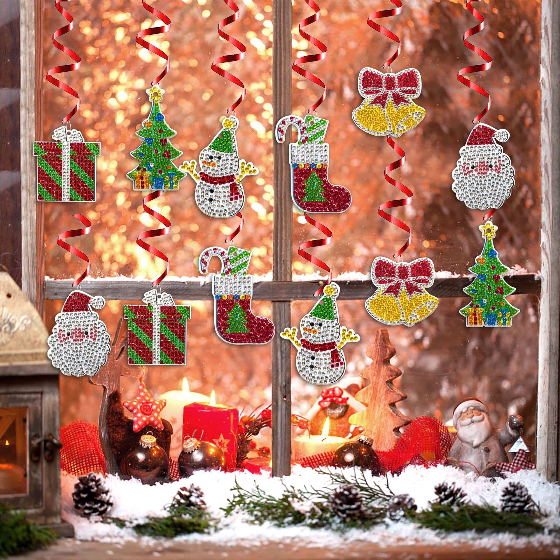 12 Pieces Acrylic Double-Sided Crystal Rhinestone Christmas Ornaments Diamond Art Christmas Decor Snowman