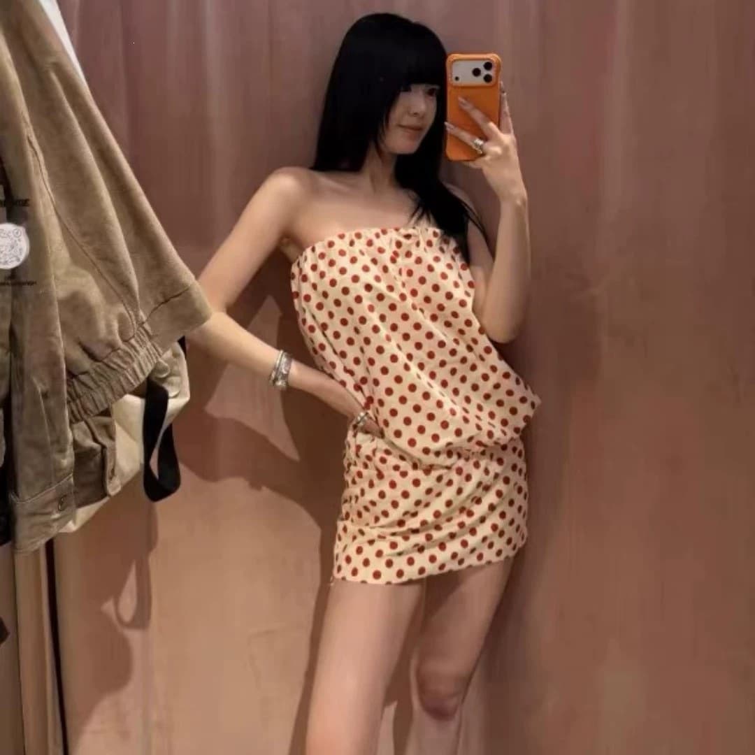 Red Polka Dot Tube Top Dress for Women Summer Fitted Ruched Waist Bodycon Sexy Party Short Dress