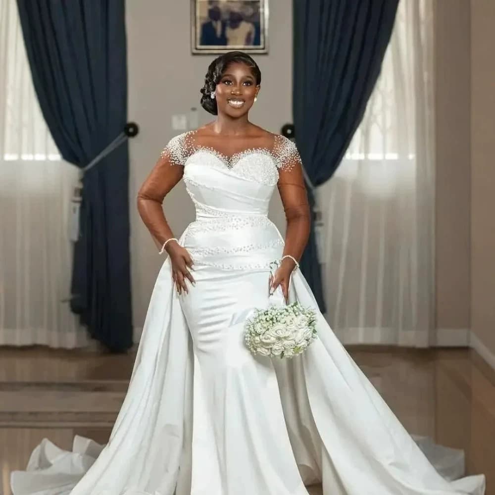 Plus Size One-Shoulder Beaded Mermaid Wedding Dress with Detachable Train, Satin, African Bride