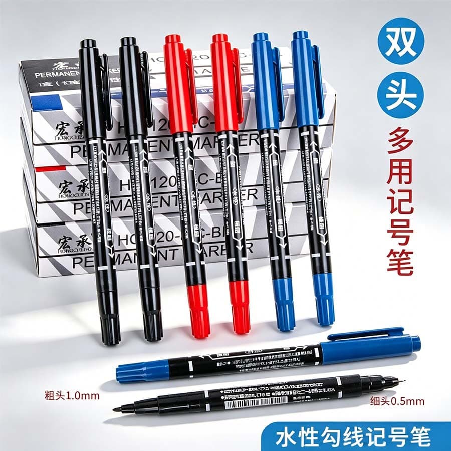 Water-Based Marker Pen, Double-Ended Outlining Pen for Students, Blue Red Black Quick-Dry Waterproof Non-Fading Large Capacity Marker Pen, Wholesale