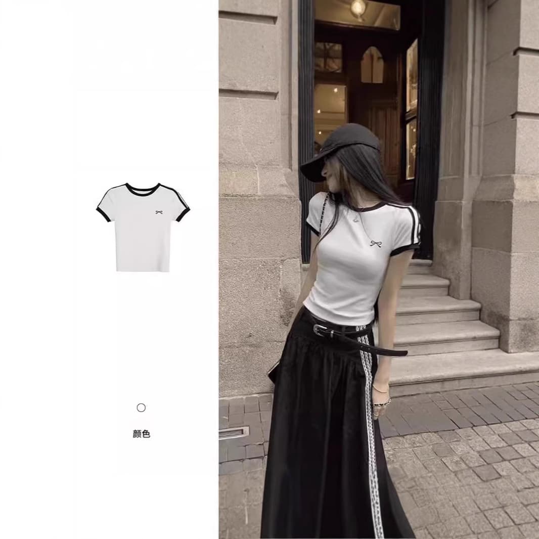 American Retro Short T-Shirt for Women Summer Bow Design Trendy Regular Shoulder Short Sleeve Pure Cotton Contrast Color Top Niche
