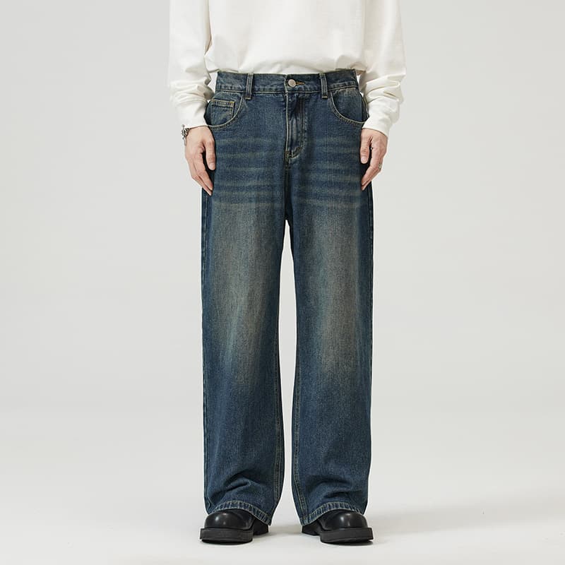 Spring and Summer 2024 Half Rubber Waist American Style Retro Jeans Men's Loose Straight Clean Fit Wide Leg Long Pants