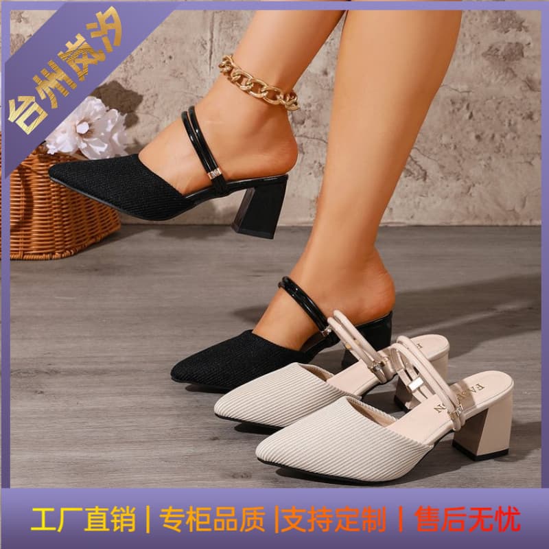 Pointed Toe Closed Front Mid Chunky Heel Slide Sandals Women Summer 2026 New Breathable Fabric High Heel Outdoor Wear