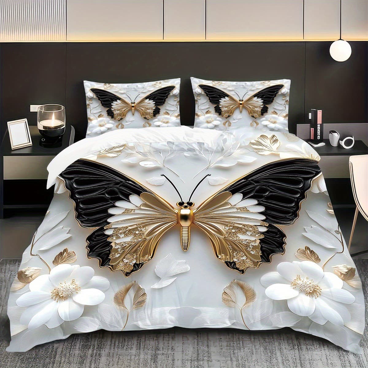 Cross-Border Three-Piece Quilt Cover Insect Theme 3D Butterfly Flower 3D Digital Printing Bed Sheetss Bedding Set