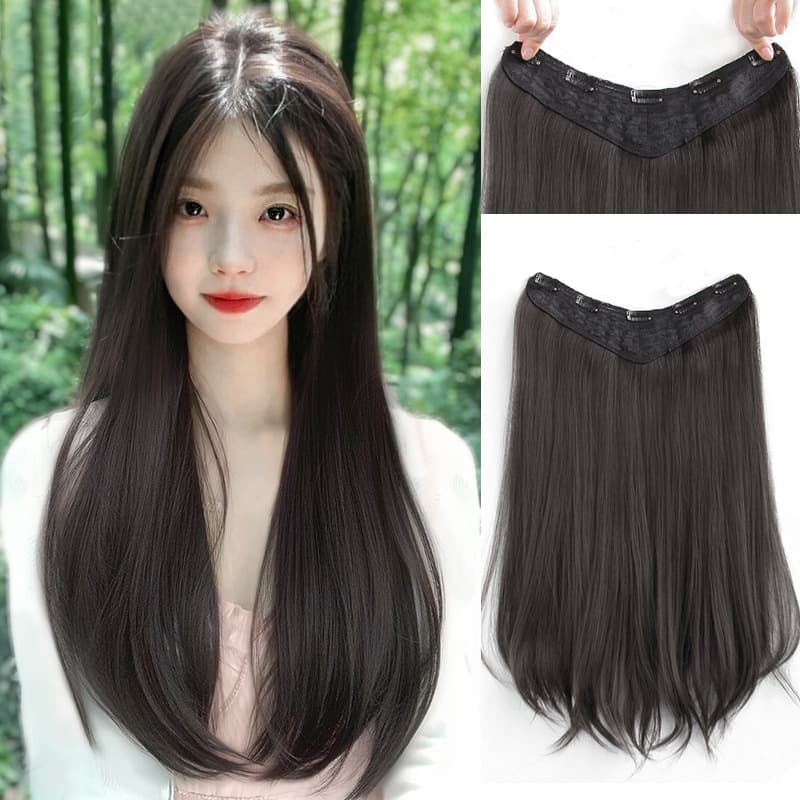 Huakou wig for women with long hair, one-piece V-shaped hair extensions with inner buckles for long straight hair to increase hair volume, natural and traceless wigs