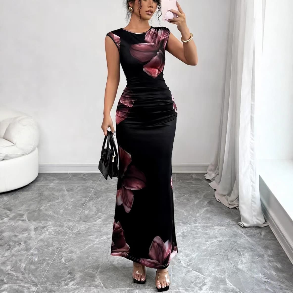 2025 New Cross-Border European and American Women's Floral Print Sleeveless Round Neck Pleated Slim Fit Long Dress Elegant Office Wear
