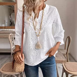 EU US Cross-Border Autumn New Loose Fit V-Neck Elegant Office Embroidery Flared Sleeve Lace Top - Chiffon Blouse