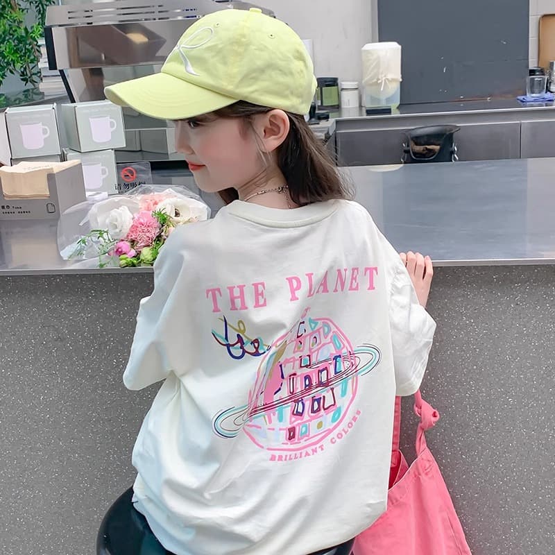 Girls Short Sleeve Cotton T-Shirt 2026 New Summer Loose Fit Kids Cartoon Print Tee