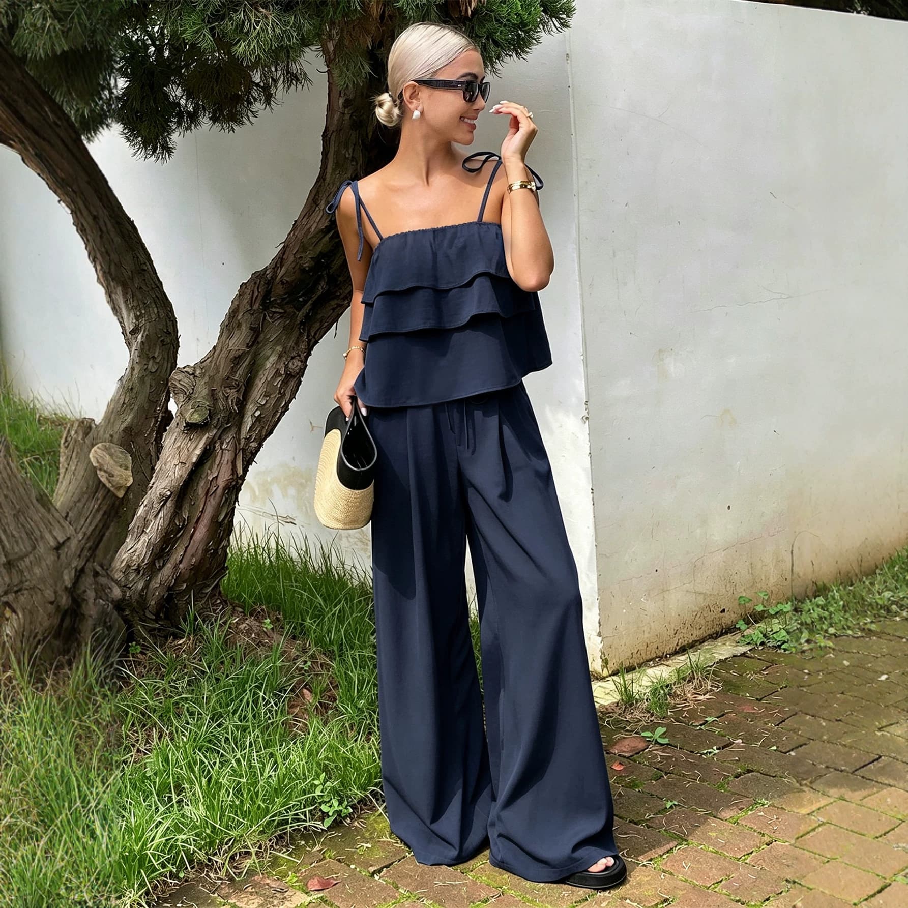 Cross-border European and American New Ruffle Camisole Wide Leg Pants Set Women's Tie Waist Slimming Vacation Style Two-Piece Set