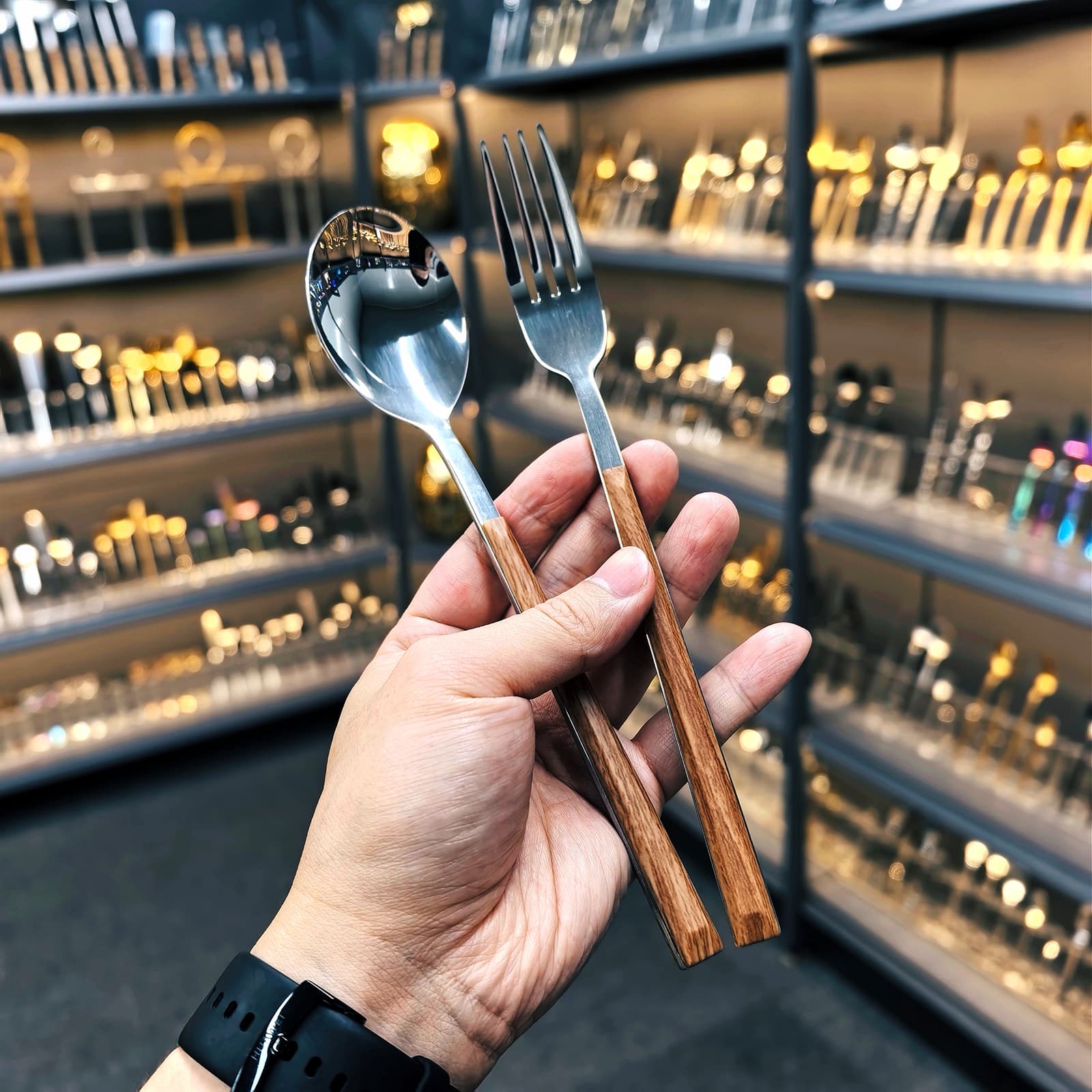 Stainless Steel Cutlery Set with Imitation Wood Grain Handle, Korean-Japanese Ins Style Steak Knife Fork Spoon Set, Wooden Handle Dessert Spoon