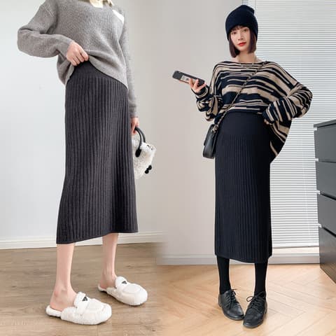 Maternity Wear Mid-Length Knit Maternity Band Half Skirt, 2024 Autumn/Winter New Style High-Waist Slimming Bodycon Over-Knee Base Layer