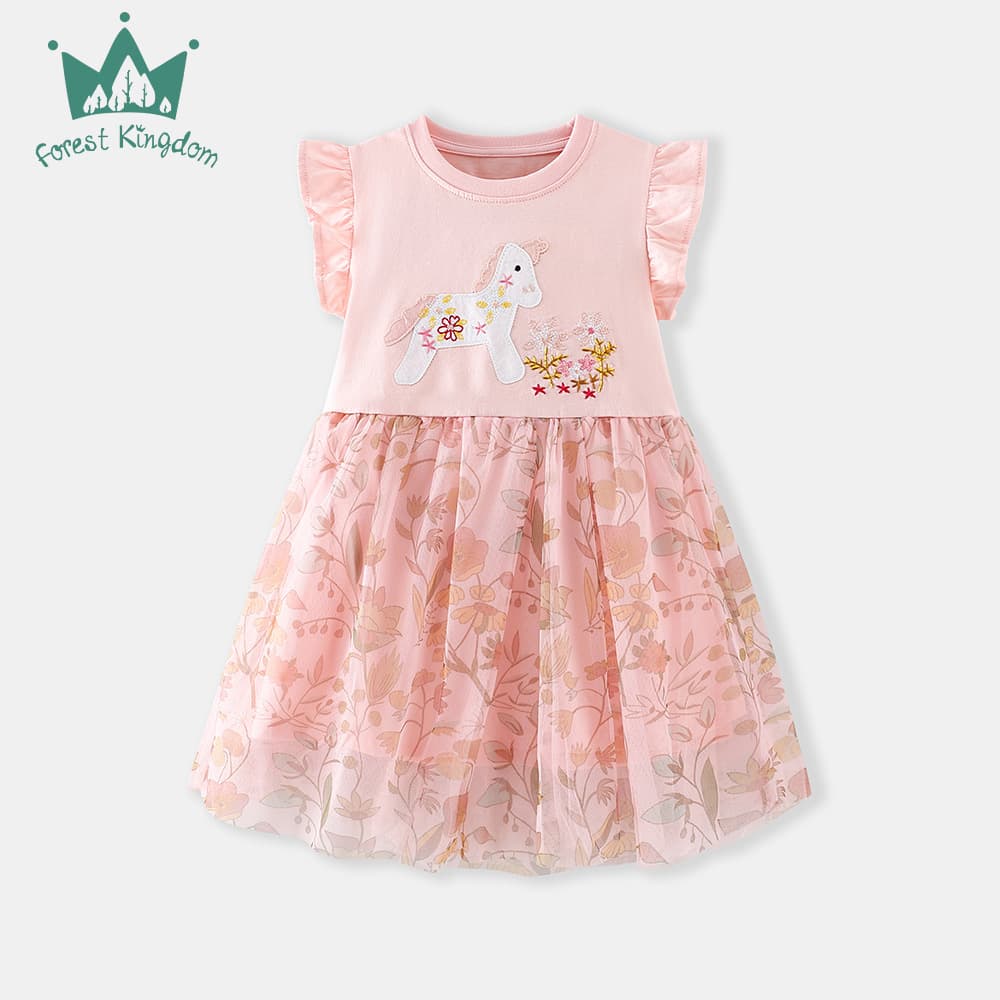 Cross-Border Children's Clothing 26th Spring/Summer Collection: Children's Dress with Ruffle Sleeves and Mesh, Cute Unicorn and Floral Embroidery