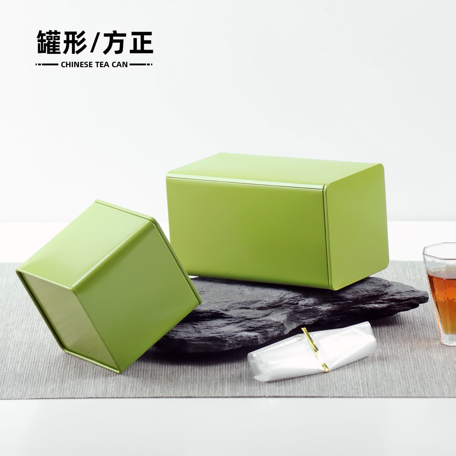 Box-shaped square tin can, 50g each of loose green tea, Longjing tea, Biluochun tea, and black tea (2.5 liang), manufacturer's stock, empty tea canister.