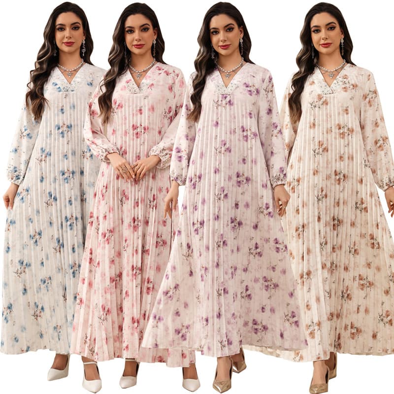 AB546 Cross-border Hot-Selling Fashion Printed Pleated Skirt Pullover Dress Bubble Bead Fashion Casual Jalabiya