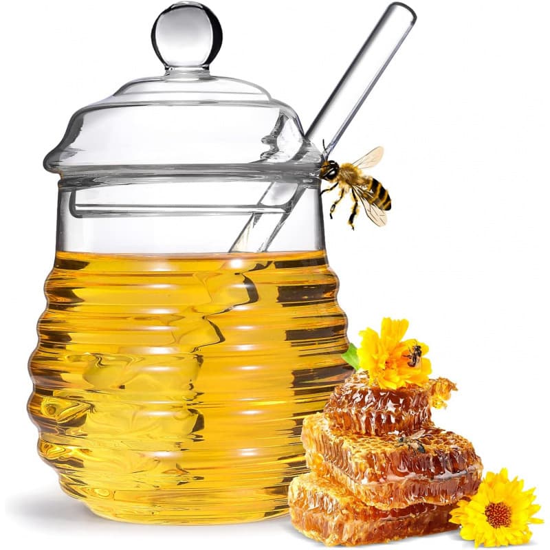 Honey Jar with Dipper and Lid, Glass Honey Pot Container
