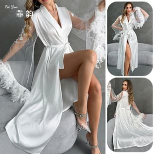 New European and American Sexy Long Robe, Plus Length Bathrobe for Women, Long Sleeve Feather Satin Loungewear Thin 847