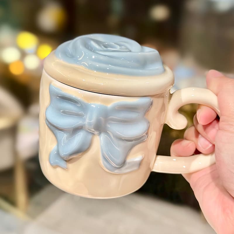High-Appearance Pink Bow Mug for Girls, Cute Couple Water Cup, Home Ceramic Breakfast Cup, Gift Souvenir