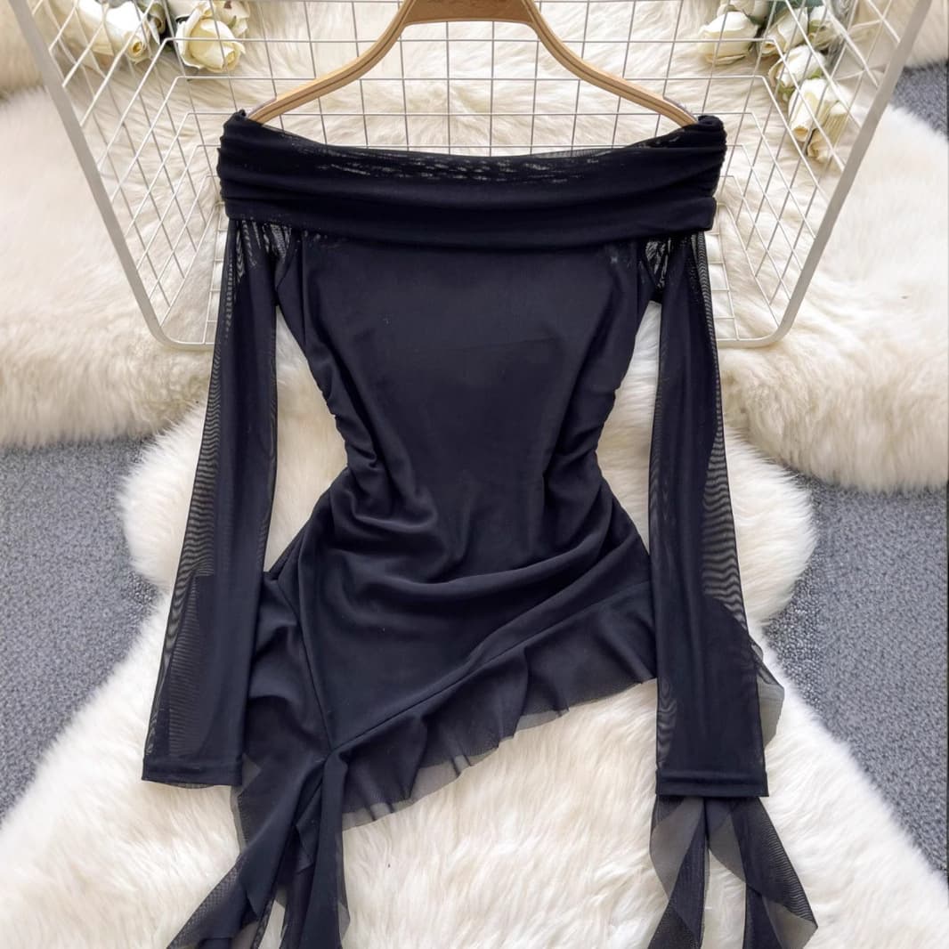 Pure and Alluring Versatile Top for Women Autumn Design Sense Off-Shoulder Lapel Long Sleeve Fitted Mesh Ribbon T-Shirt
