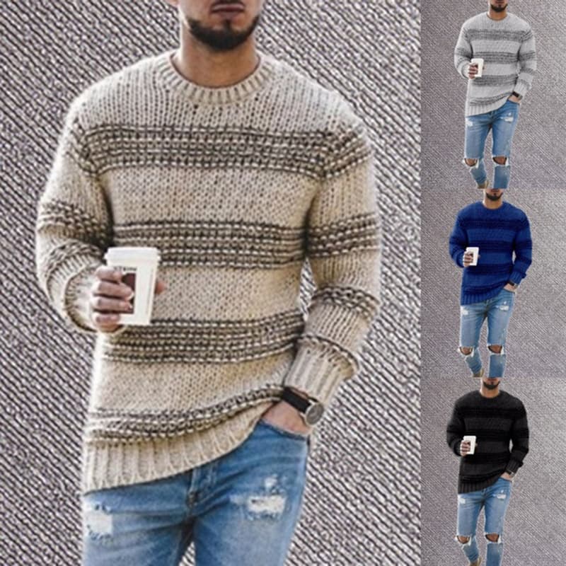 Winter Hot Sale Of The Season Men's Knitted Sweater Casual Loose Striped Top Sporty Crew Neck Male Fashion Knitwear Comfortable