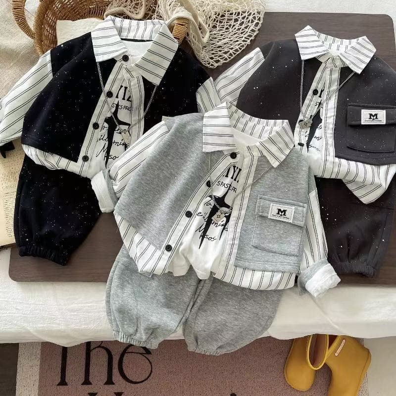 Boys' Autumn Outfit Set 2025 New Children's Handsome Toddler Korean Style Spring and Autumn Clothes Baby Faux Vest 3-Piece Set