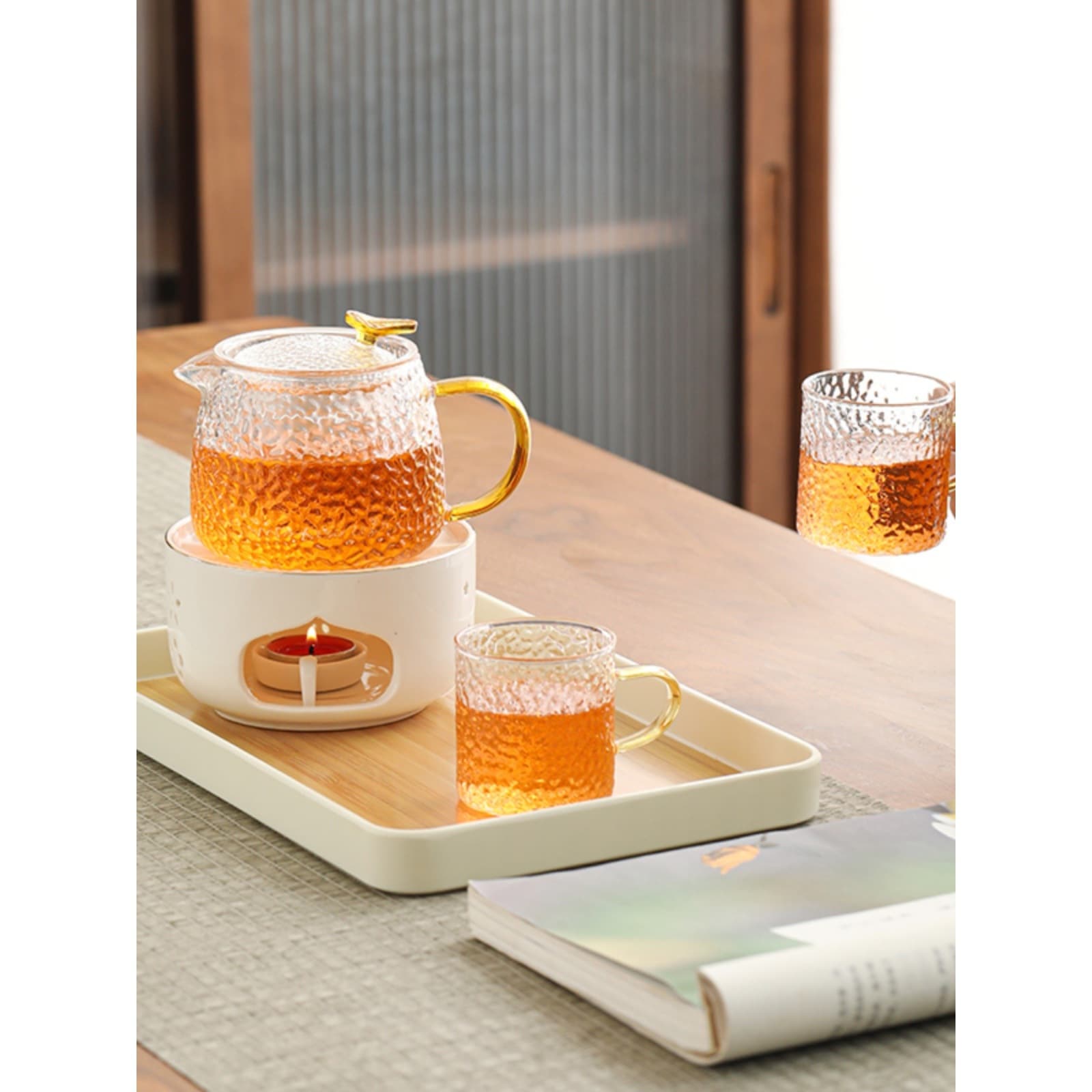 Fruit Tea Pot Set, Afternoon Tea Set for Home, Heat-resistant Glass Flower Tea Pot with Candle Warmer and Ceramic Base