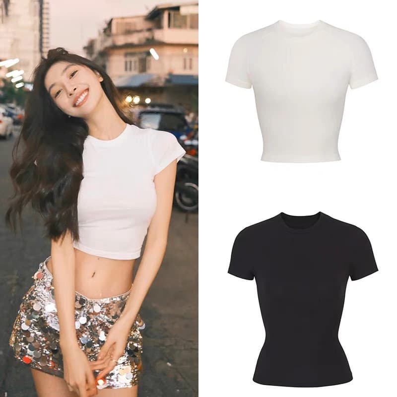 Yi Mengling's same style elastic cotton short-sleeved round neck slim T-shirt for women, navel exposed short version/regular version, black and white gray