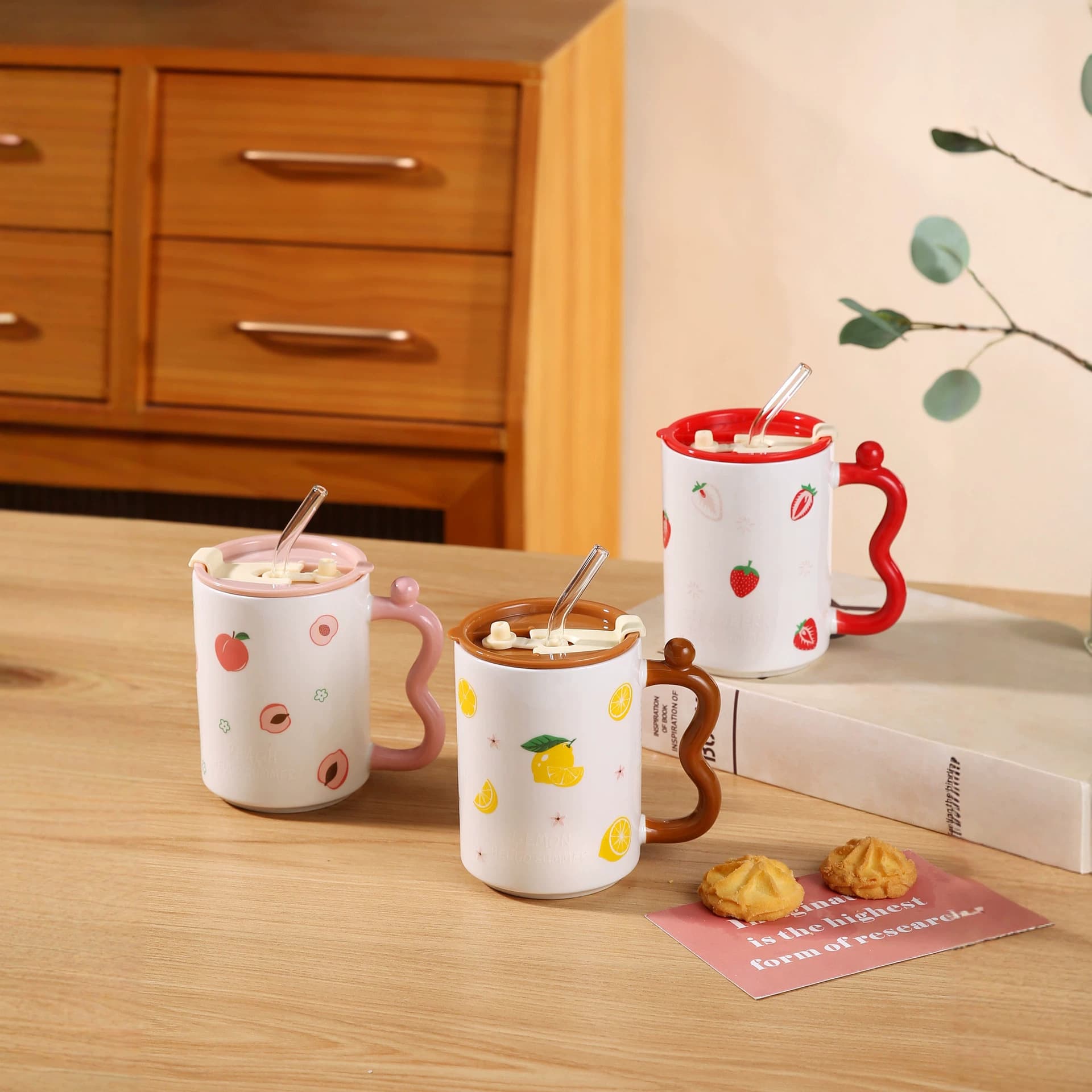 Creative Fruit Ceramic Cup, Stylish Mug with Lid and Straw, Breakfast Cup, Holiday Souvenir, Couple's Water Cup