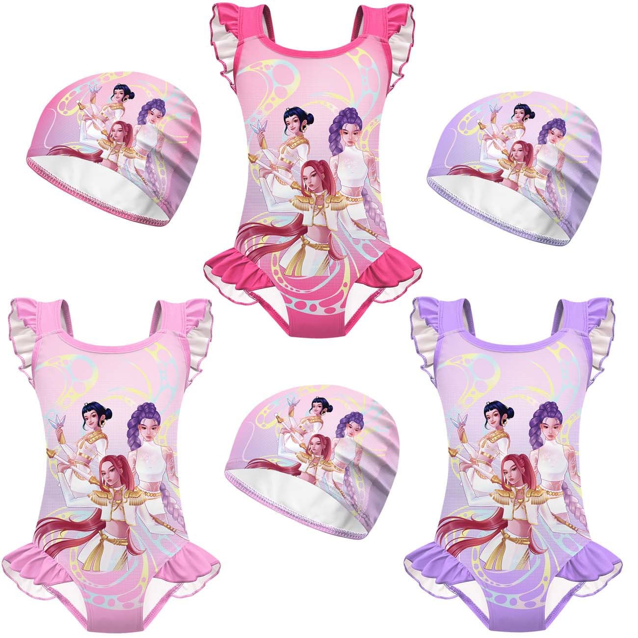 New children's swimsuit cosplay witcher group print girls one-piece lace swimsuit set 20729