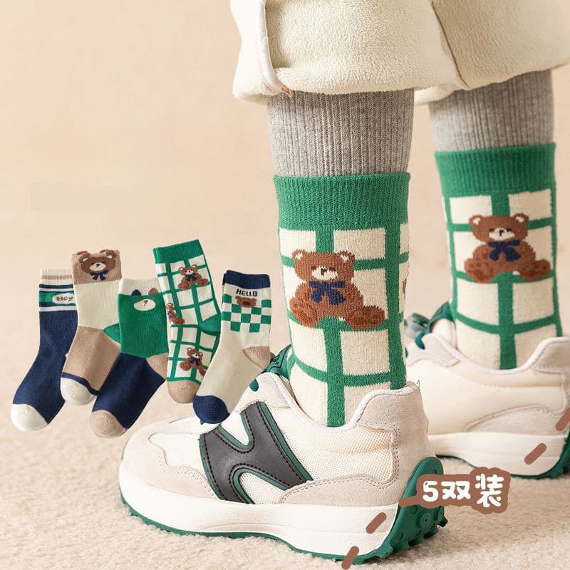 Boys' Mid-Calf Socks, Skin-Friendly, Soft, Girls' Cute Teddy Bear, Big Kids' Spring/Fall Style, Cartoon, Versatile Mid-Calf
