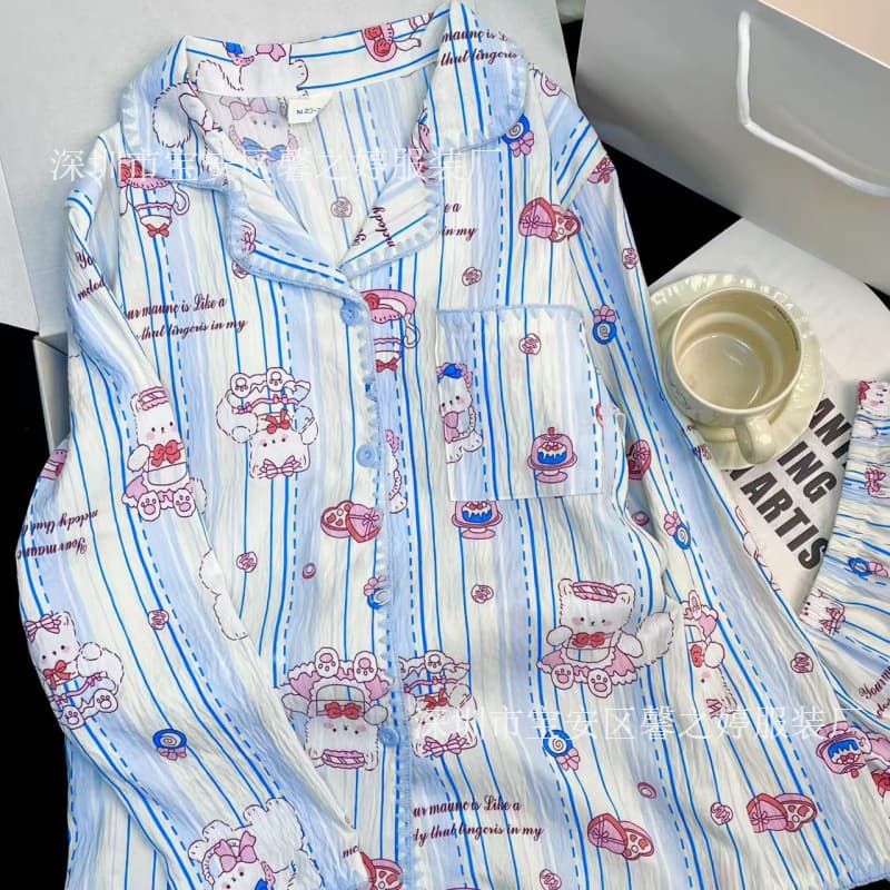 Pajama Japanese Cartoon Striped Hello Kitty Long Sleeve Sleepwear for Women Spring Autumn Notched Collar Cotton-like Homewear