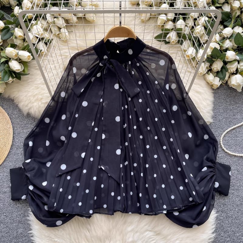 Internet Celebrity Style Autumn New Sweet Polka Dot Tie-Neck Pleated Shirt Blouse for Work, Black, One Size