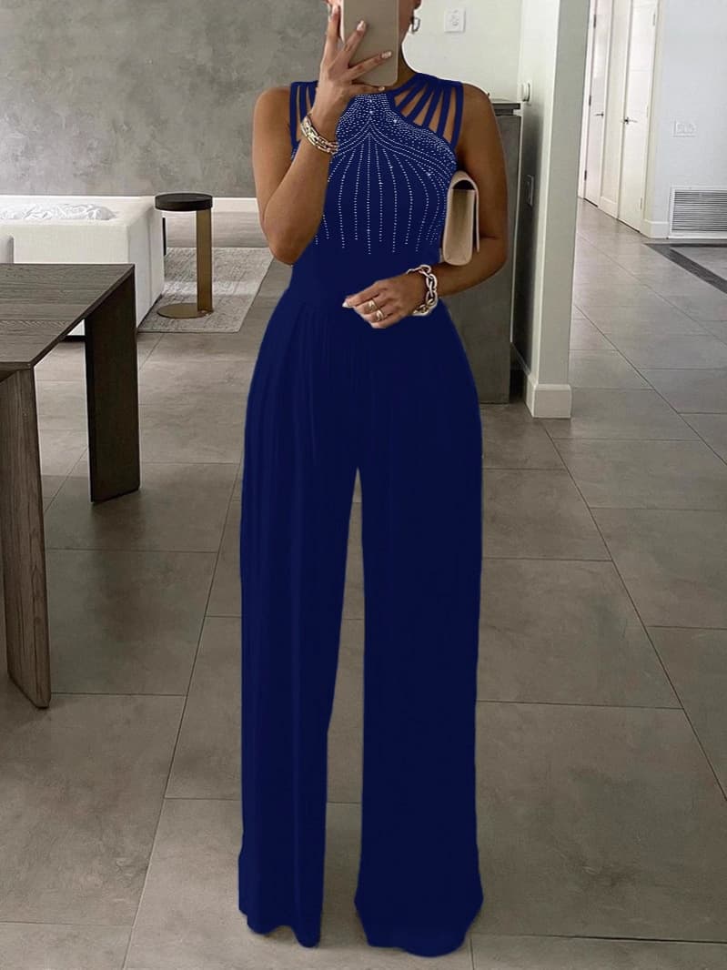 2022 Best-Selling Casual Trousers for Cross-Border E-Commerce in Europe and America, New Summer Slim Fit Women's Solid Color Rhinestone Decorated Jumpsuit