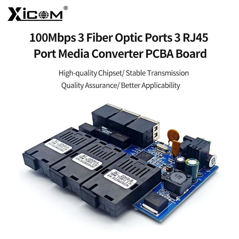 100M Fiber Optic Media Converter 3 Optical 3 Electrical Ports PCBA Board 20km
