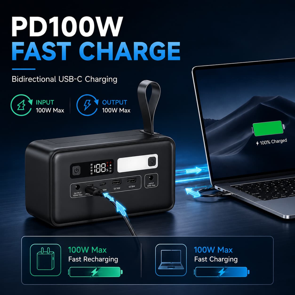 192Wh Portable Power Station PD100W Solar Generator LiFePO4