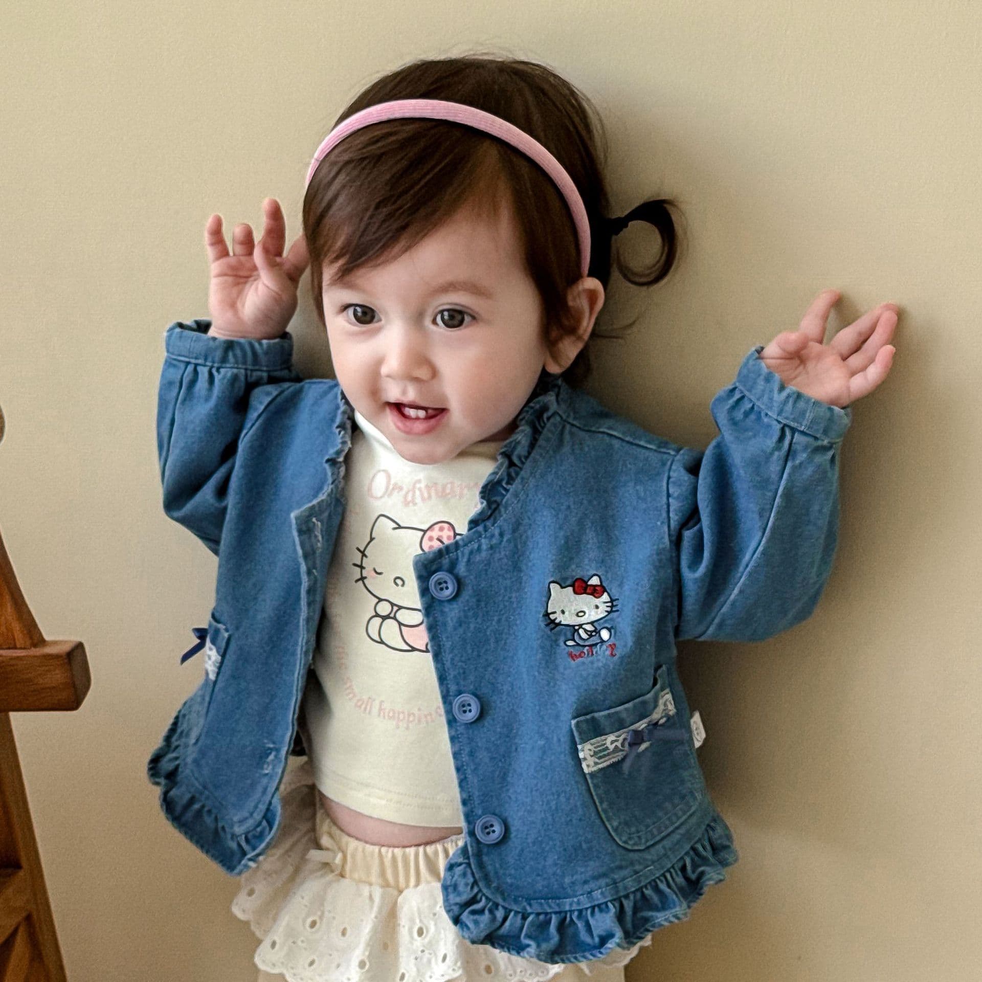 Girl's Cat Denim Outfit 2025 New Autumn Children's Fashion Korean Style Sweet Coat Baby Bow Top