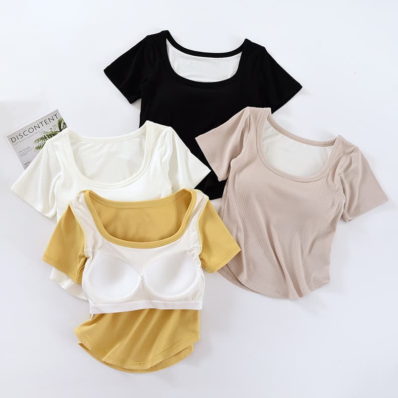 Women's Korean Style Trendy Inner Layer T-Shirt with Padded Bra, Cropped Neck, Square Neck, Short Sleeve, Waist-Length, Boobs